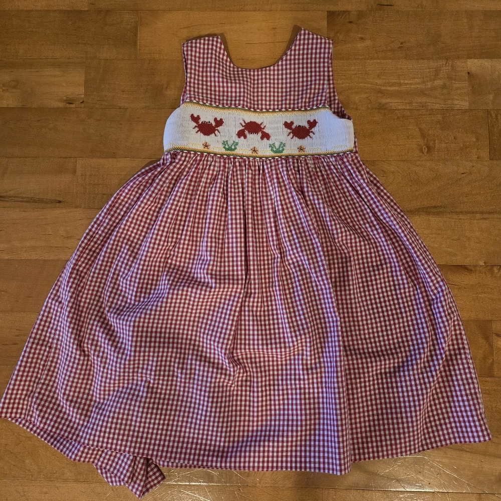 Red Gingham Sleeveless Dress with Crab Embroidery